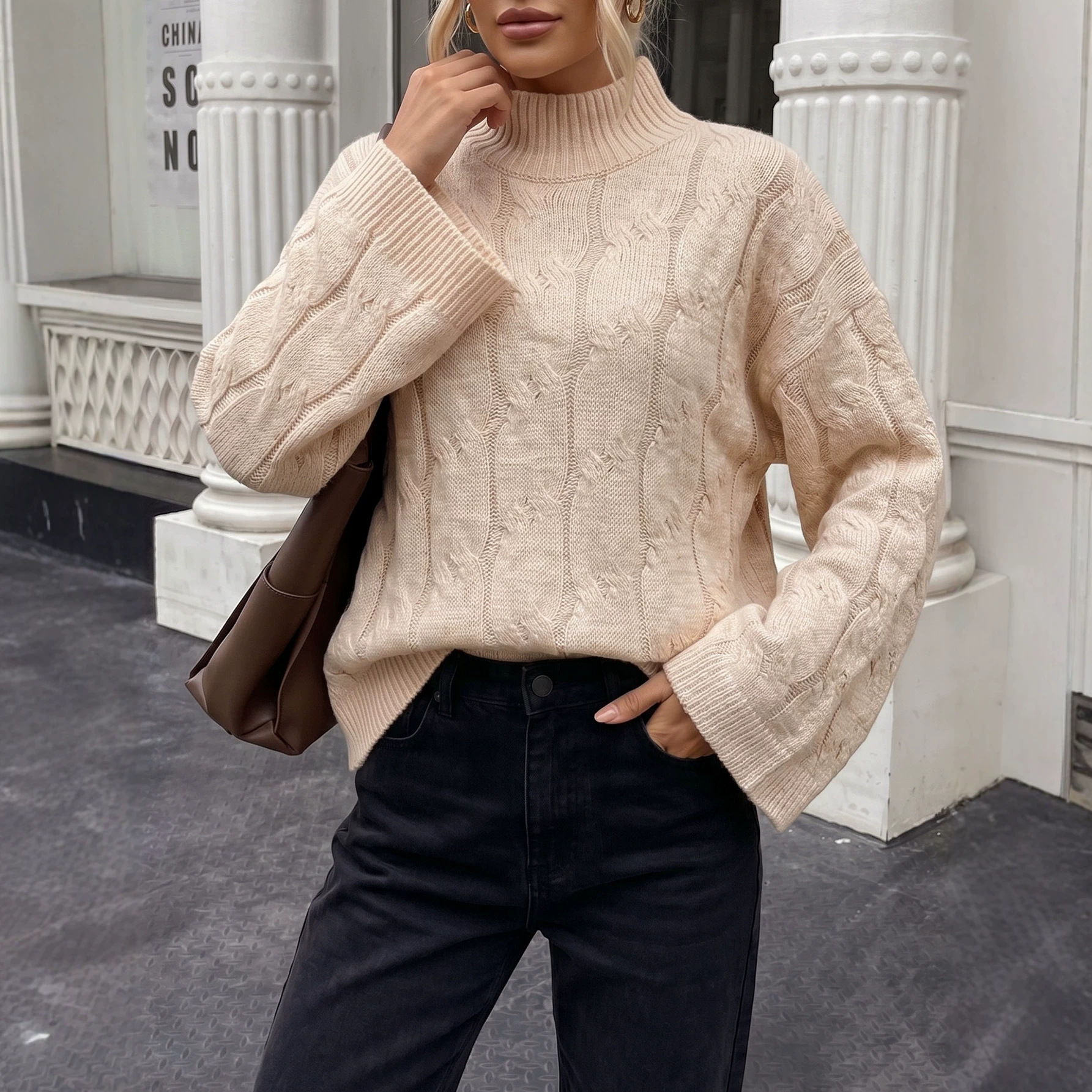 Women's Loose Fit Half Turtleneck Sweater with Flared Sleeves