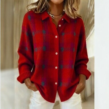 Women's Plaid Long Sleeve Collared Cardigan Sweater