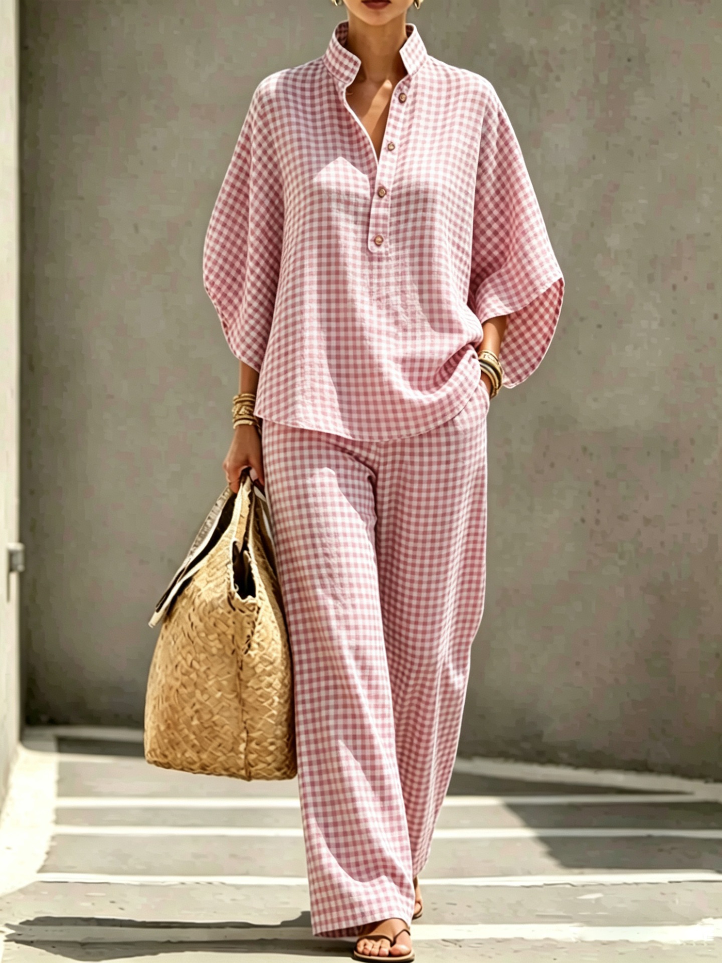 Women's Striped Plaid Print Long Sleeve Button Collared Top Set
