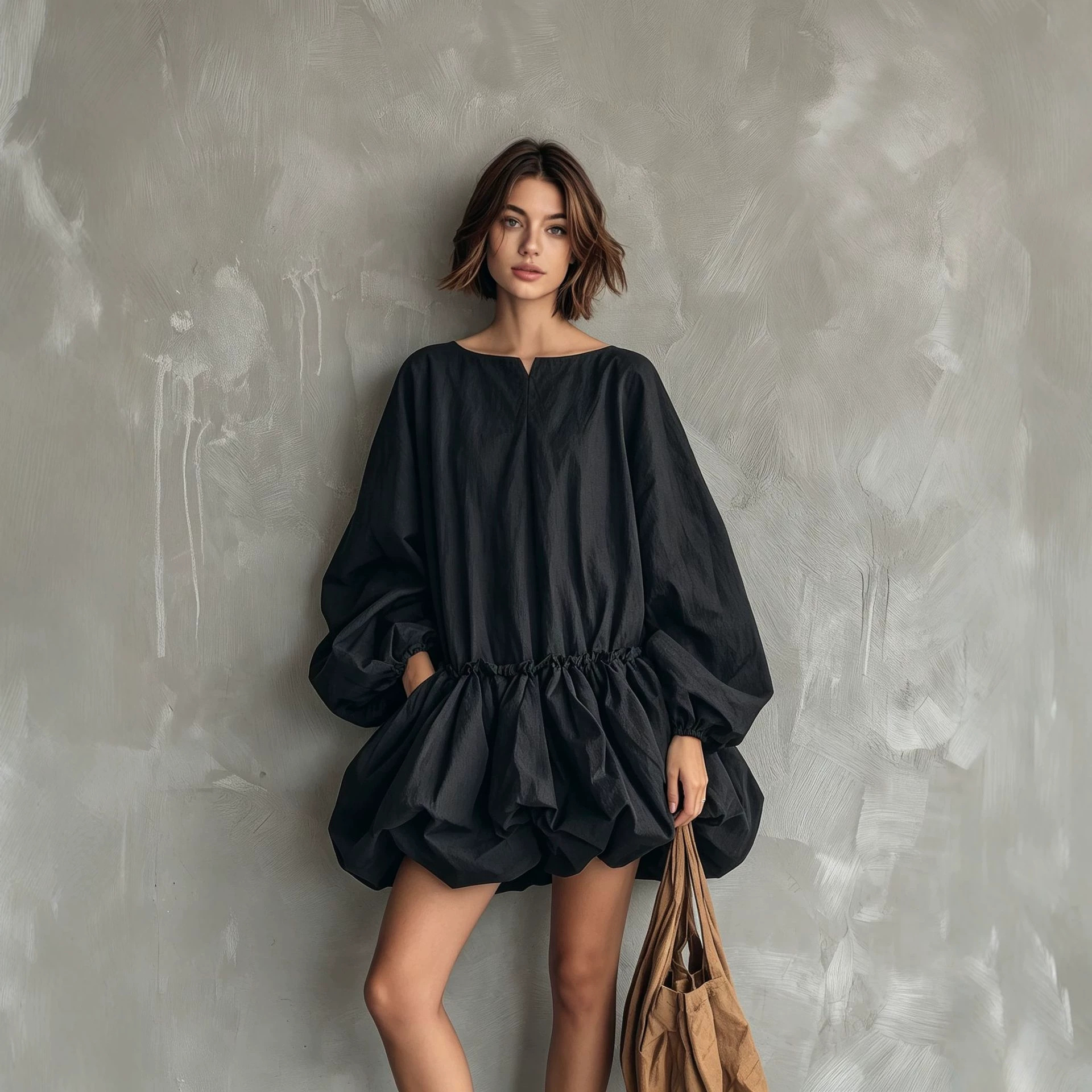 Solid Color Round Neck Puff Sleeve Long Sleeve Waist-Cinched Bubble Dress