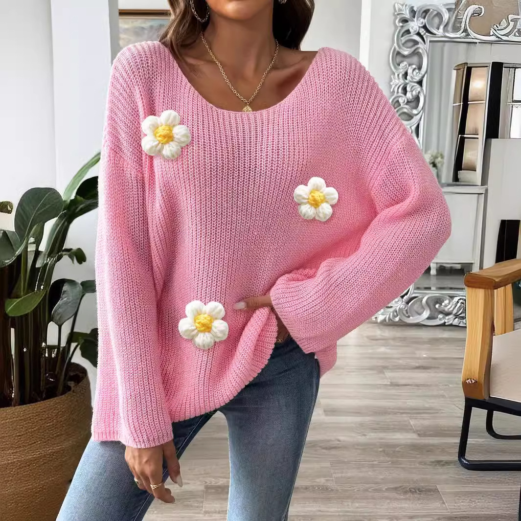 Women's Off-Shoulder Pullover Sweater with Flared Sleeves and Floral Appliqué
