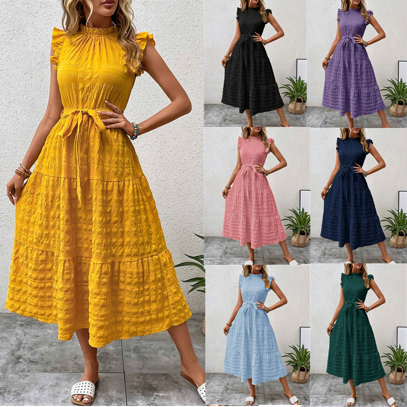 Women's Summer Ruffle Trim Flutter Sleeve Tie Textured Dress