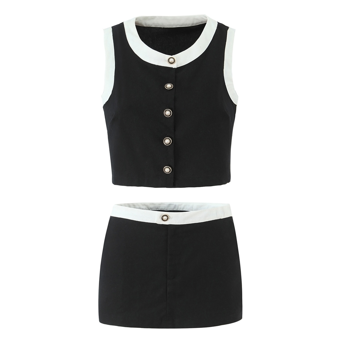 Women's Color-Block Button Sleeveless Vest and Short Skirt Two-Piece Set