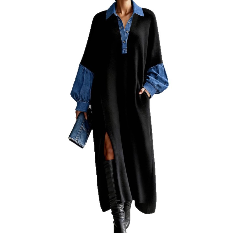 Retro Colorblock Denim-Look Polo Collar Lantern Sleeve Loose A-Line Dress