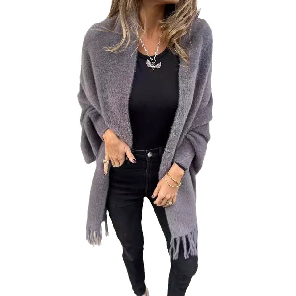 Casual Knit Faux Fur Fringe Shawl Cardigan