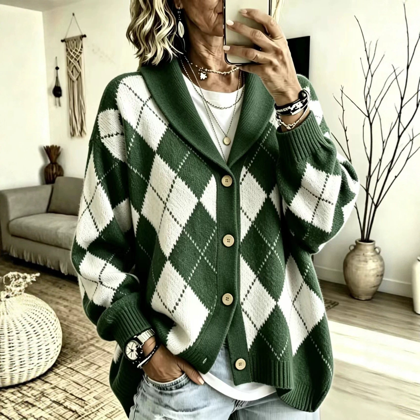 Diamond Plaid Button-Front Cardigan Sweater with Suit Collar