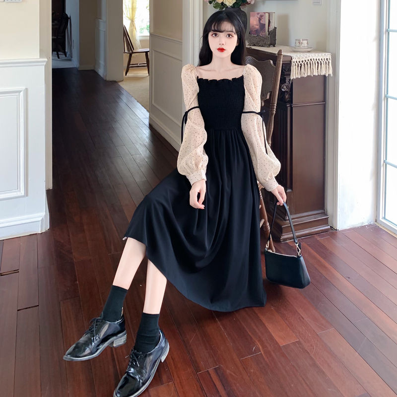 Plus Size Women's Waist-Cinching Midi Dress A-Line Square Neck Lantern Sleeve Colorblock