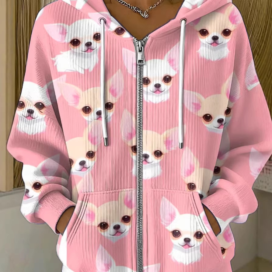 Women's Cute Puppy Print Hoodie Long Sleeve Zip-Up