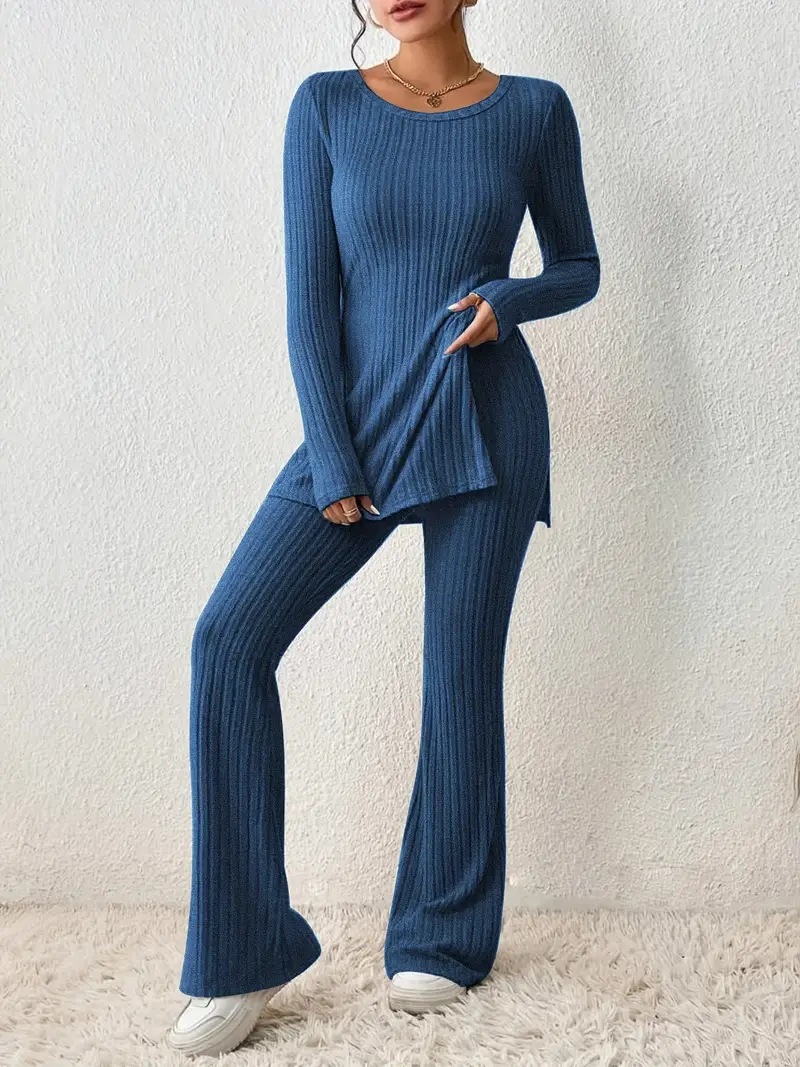Women's Solid Color Slim Fit Ribbed Knit Lounge Set Long Sleeve Sweater and Pants