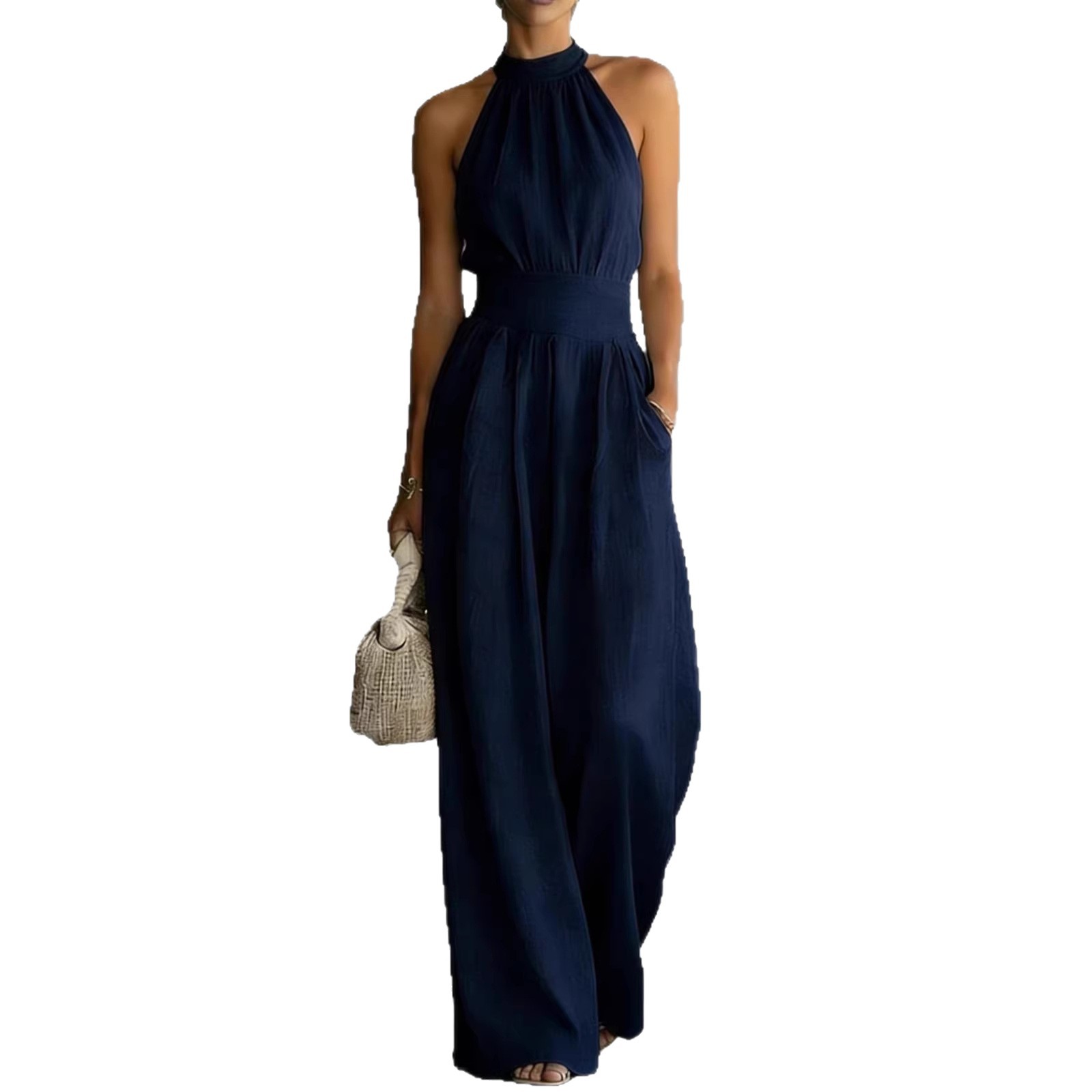 Sleeveless Halter Wide-Leg Jumpsuit with Cinched Waist