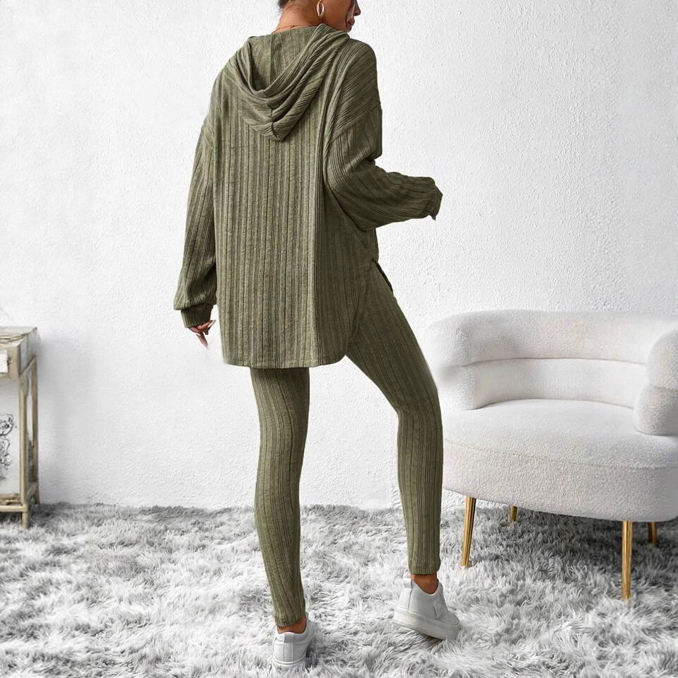 Ribbed Knit Hooded Long Sleeve Lounge Set