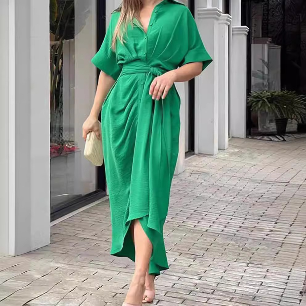 Women's Collared Midi Shirt Dress Short Sleeve Button Front High Waist