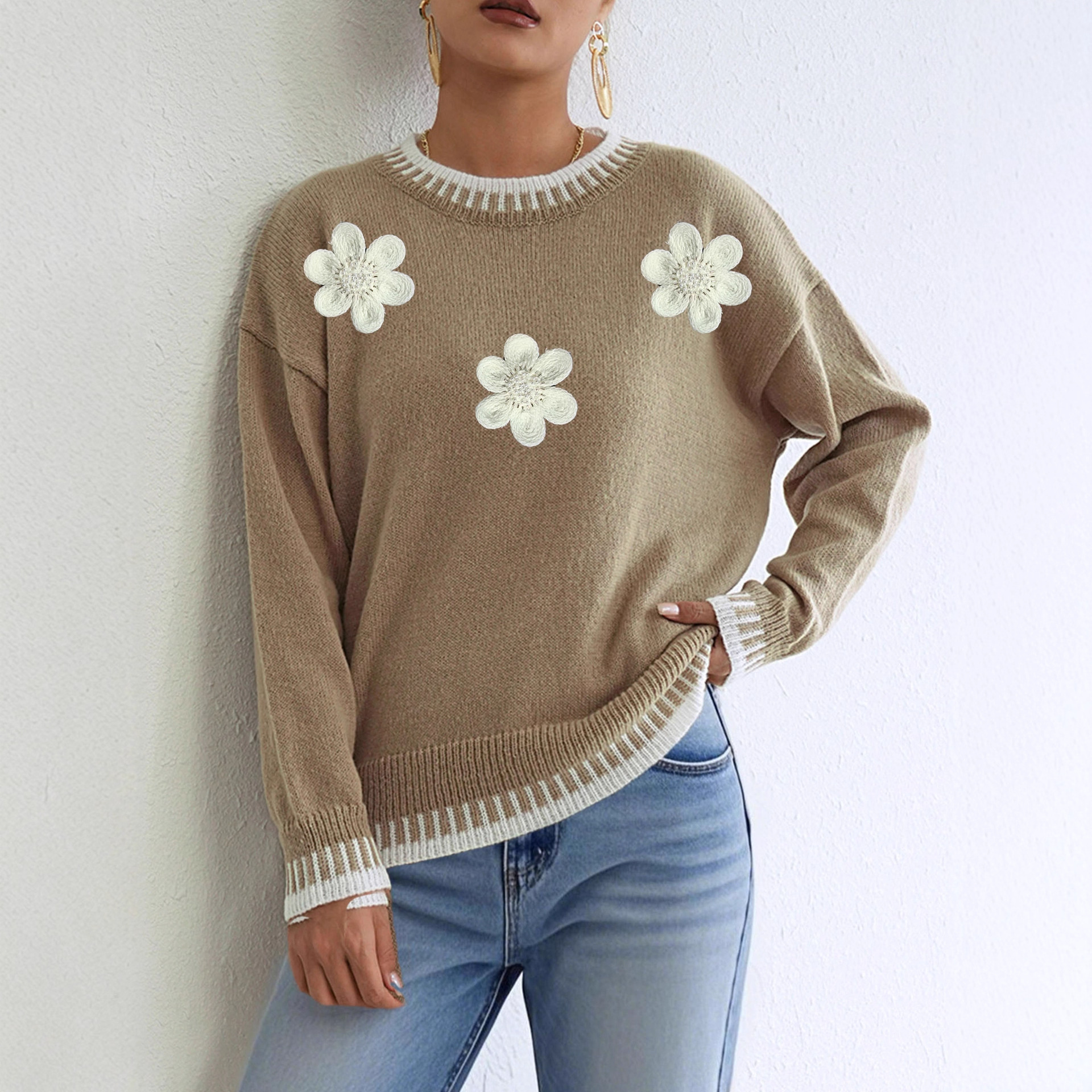 Color-Block Pullover Sweater with 3D Floral Embroidery & Beads