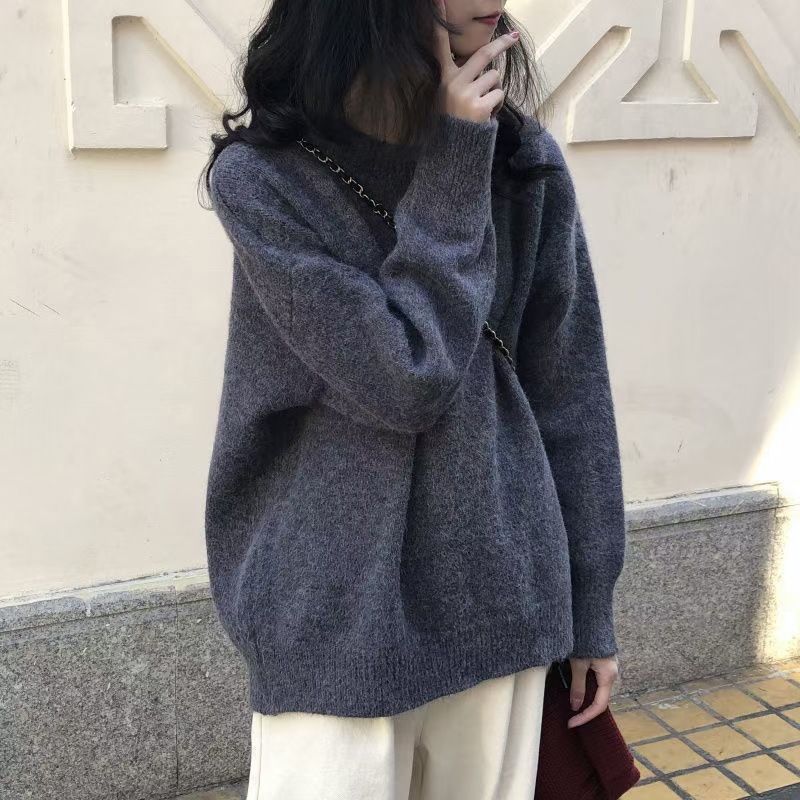 Women's Crewneck Sweater Loose Retro Solid Color Pullover Soft Thick Knit