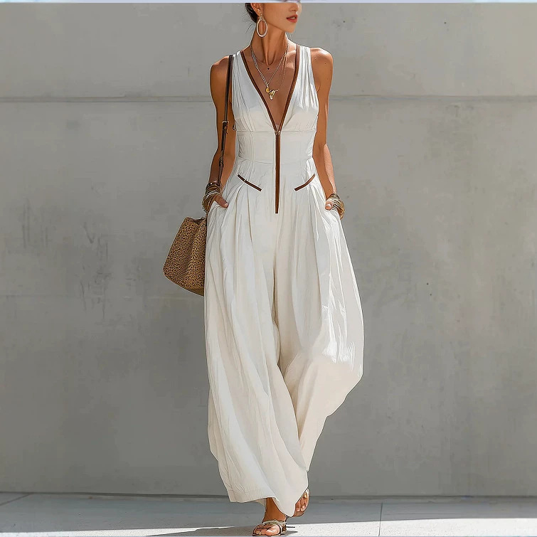 Elegant V-Neck Zip Waist-Cinching Sleeveless Jumpsuit