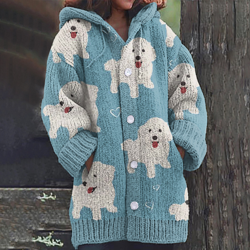Women's Floral Ghost Print Hooded Button Cardigan Sweater