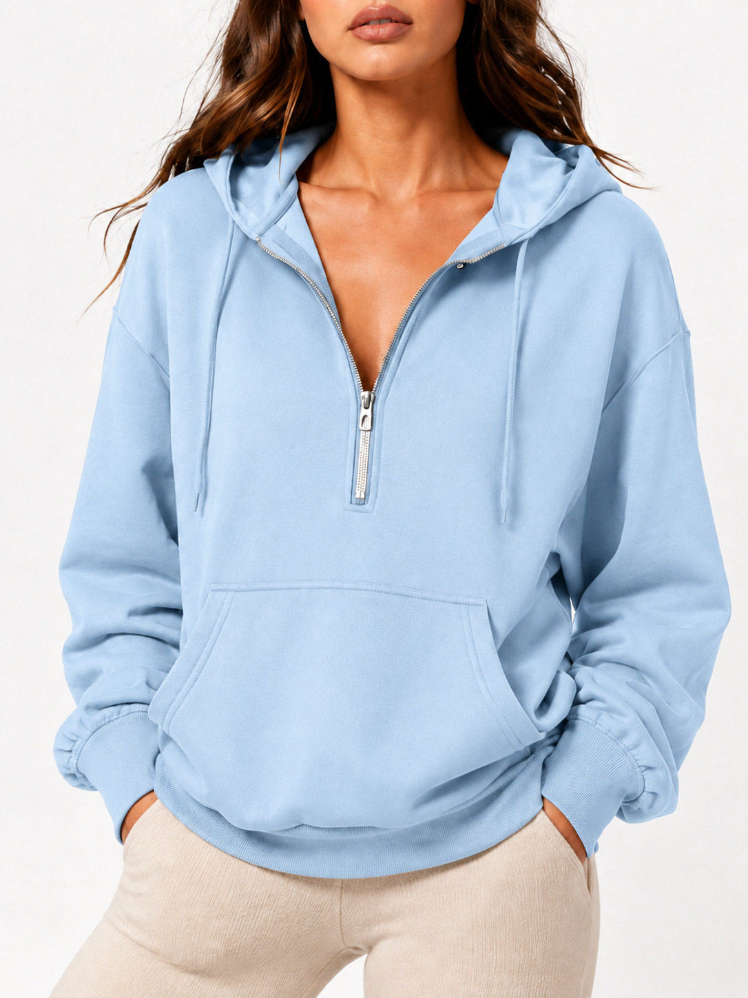 2026 Fall New Cross-Border European and American Loose Hooded Half-Zip Pocket Fall Winter Casual Sweatshirt Women's