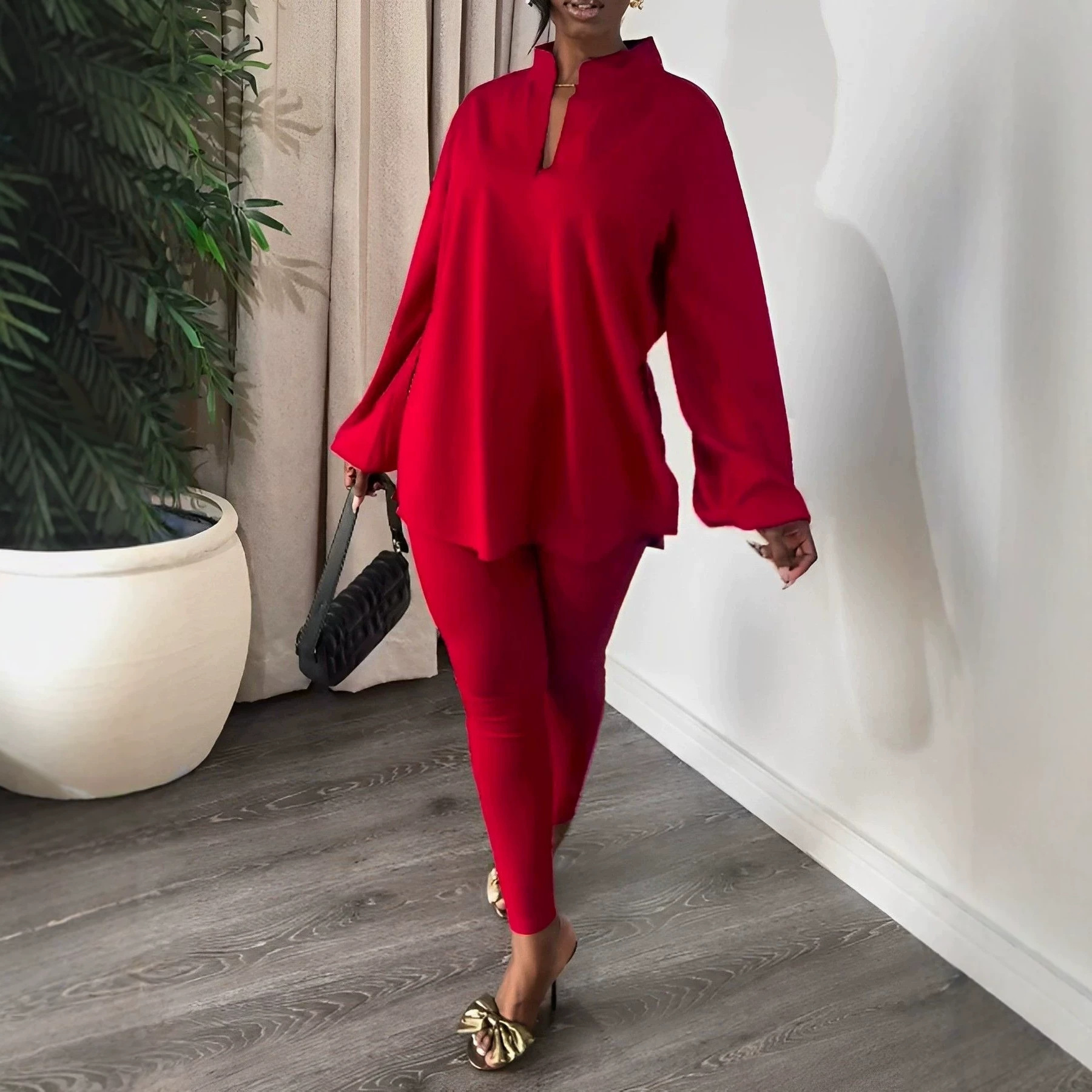 Women's Knit Two-Piece Set Solid Color V-Neck Split Top and Leggings