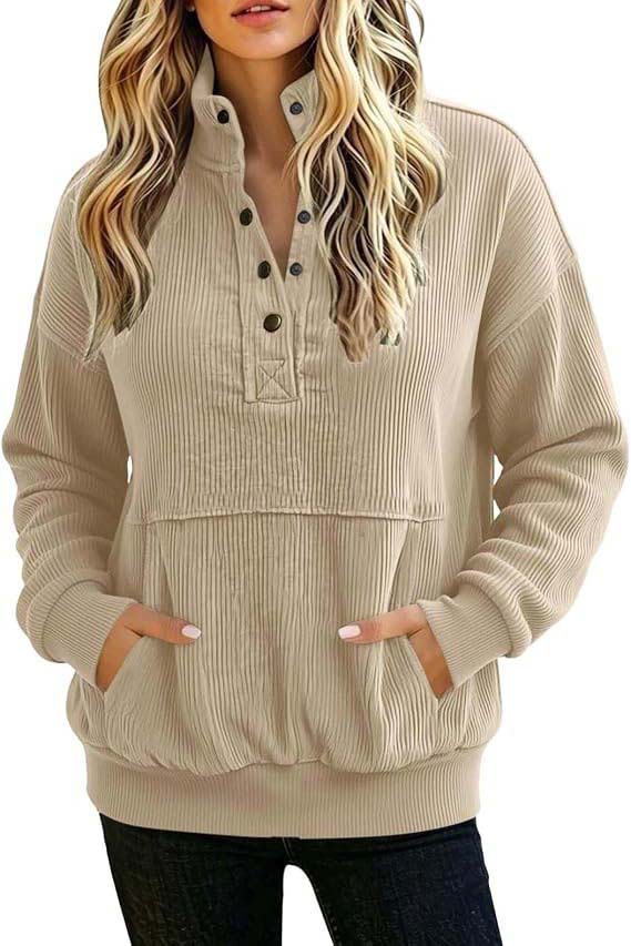 Solid Color Button-Front Long-Sleeve Hoodie with Pockets