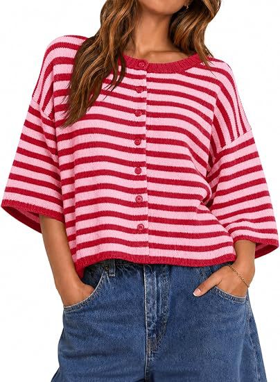 Color-Block Striped Bell-Sleeve Button Cardigan Sweater