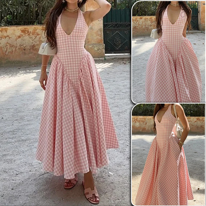 Plaid Halter Neck Pleated Long Dress