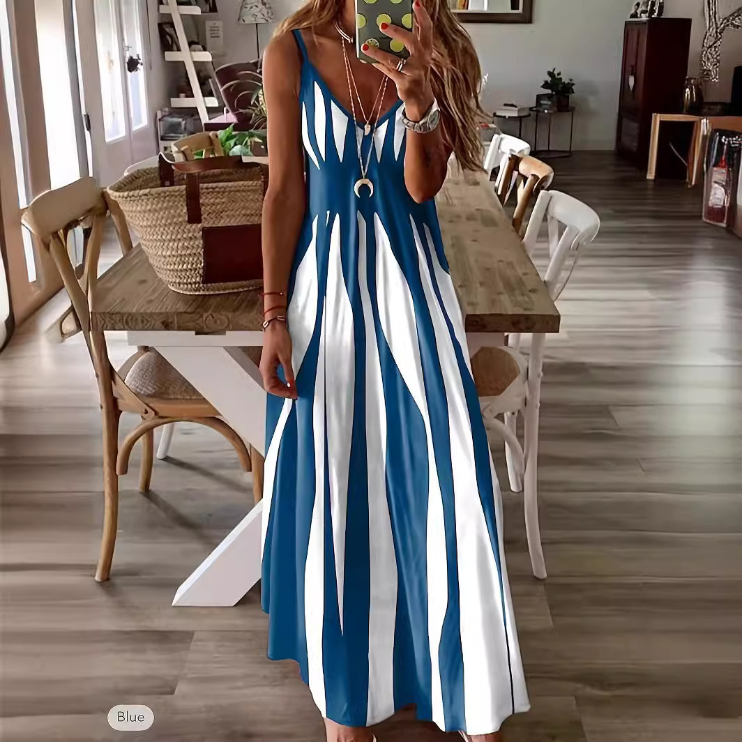 Women's Sleeveless V-Neck Printed Maxi Dress Casual Spaghetti Strap Long Dress