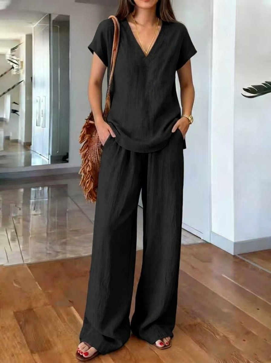 Women's V-Neck Short Sleeve Top & Wide Leg Pants Set