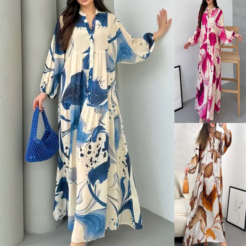 Printed V-Neck Long-Sleeve Loose Casual Maxi Dress