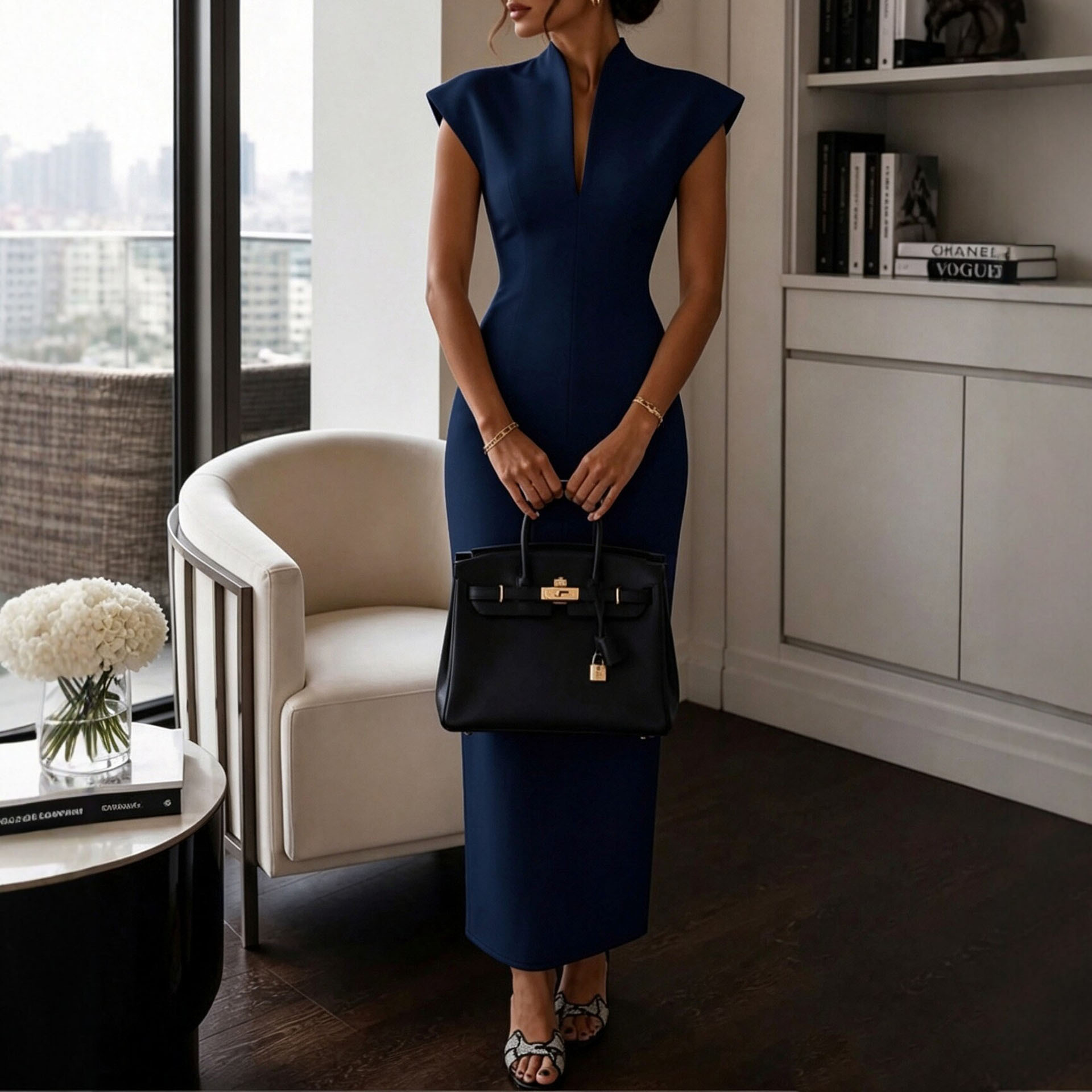 Women's Sleeveless Bodycon Dress with Stand Collar High Waist