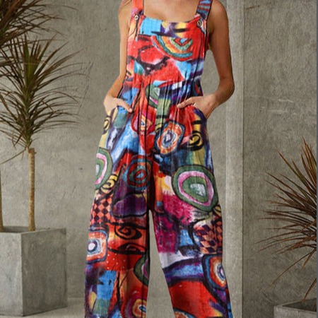 Printed Wide-Leg Jumpsuit with Straps