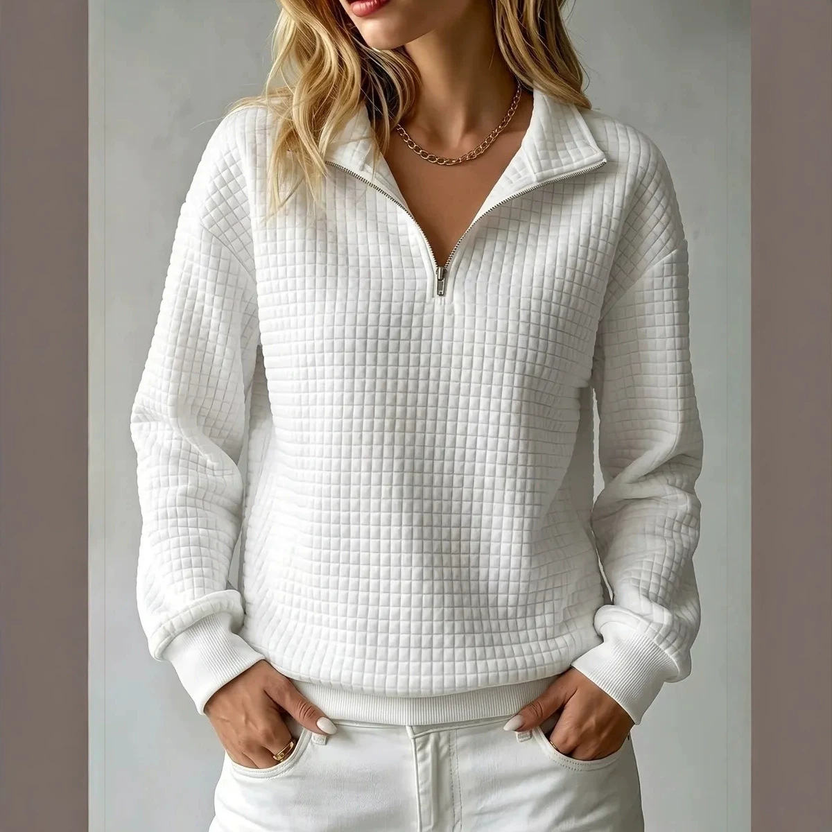 Women's Waffle Knit Zip-Up Stand Collar Long Sleeve Sweatshirt