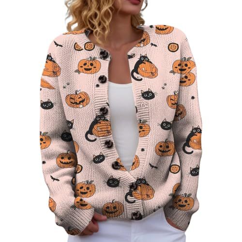 Halloween Pumpkin Castle Print Faux Knit Cardigan for Women
