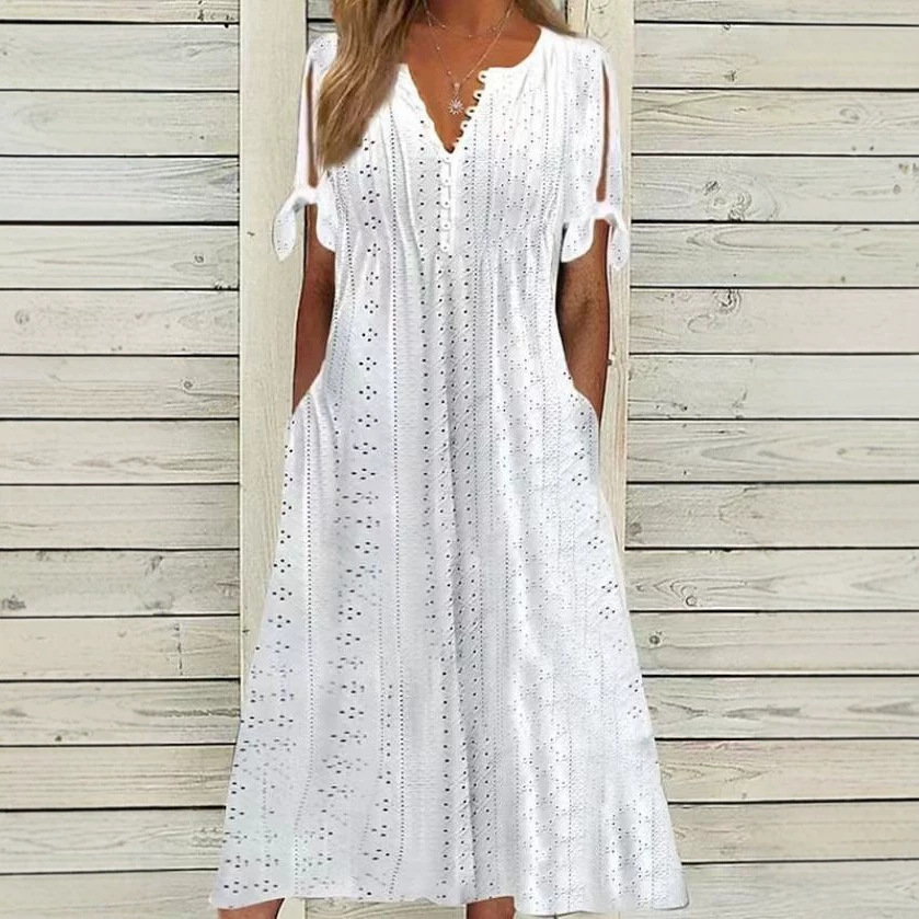 Women's Casual Loose High Waist Embroidered Solid Color Dress