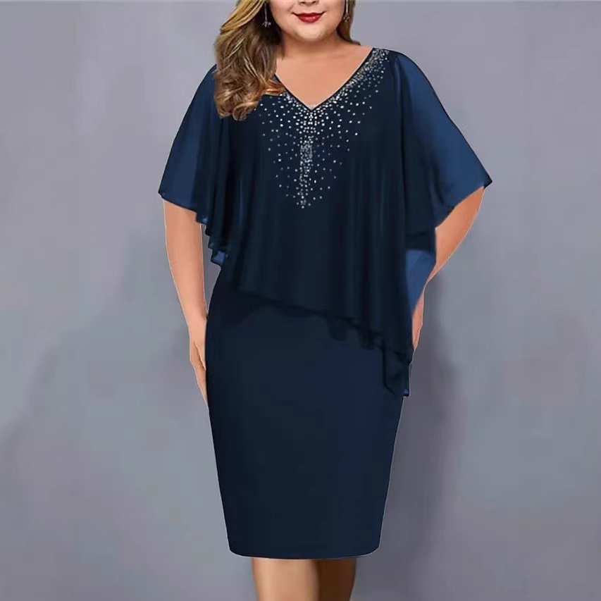 V-Neck Rhinestone Mesh Cape A-Line Midi Dress