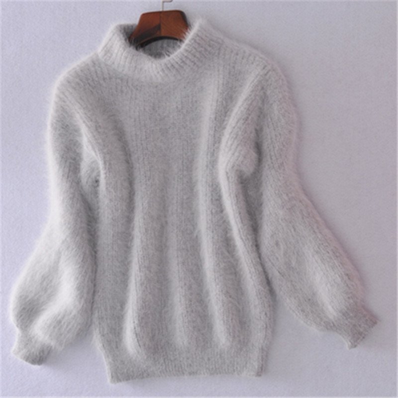 Korean Lantern Sleeve Mink Hair Half Turtleneck Pullover Sweater