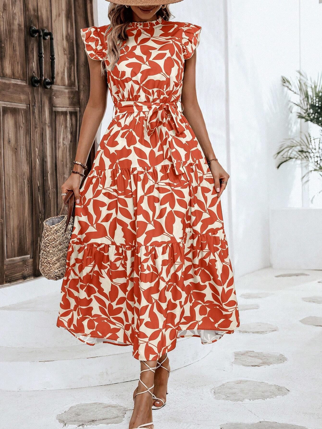 Women's Summer Floral Print Fairy Dress with Ruffle Sleeves and Tie