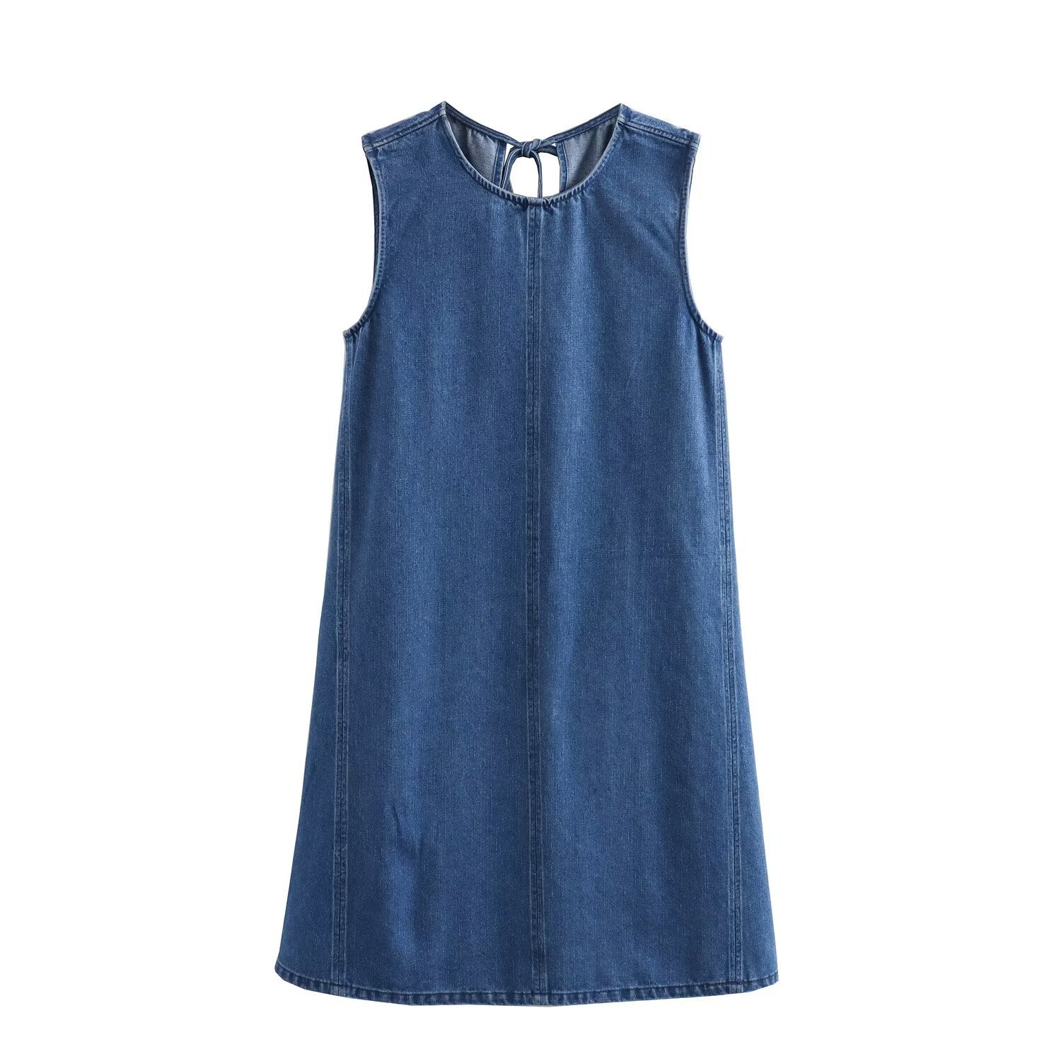 Light Blue Round Neck Denim Panel Dress