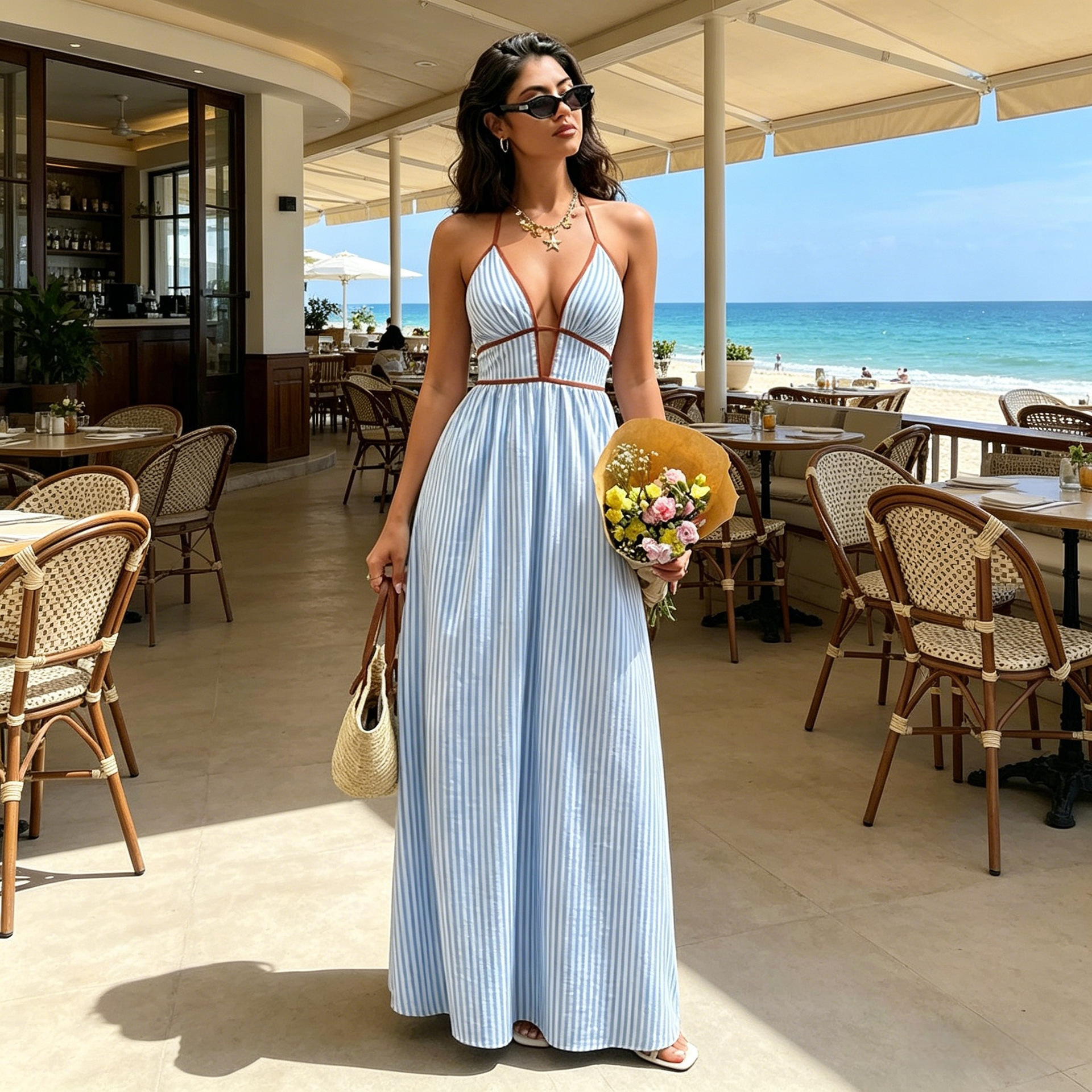 Women's Deep V-Neck Striped Sleeveless Maxi Dress