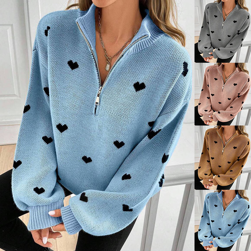 Women's Heart Pattern Half-Zip Knit Sweater Long Sleeve Turtleneck