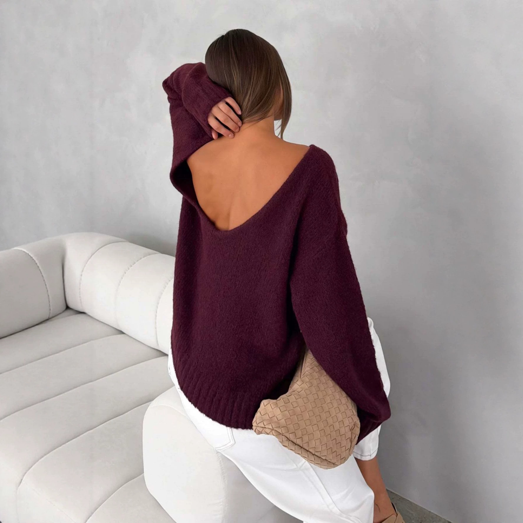 Open-Back Knit Sweater Loose Long-Sleeve Top