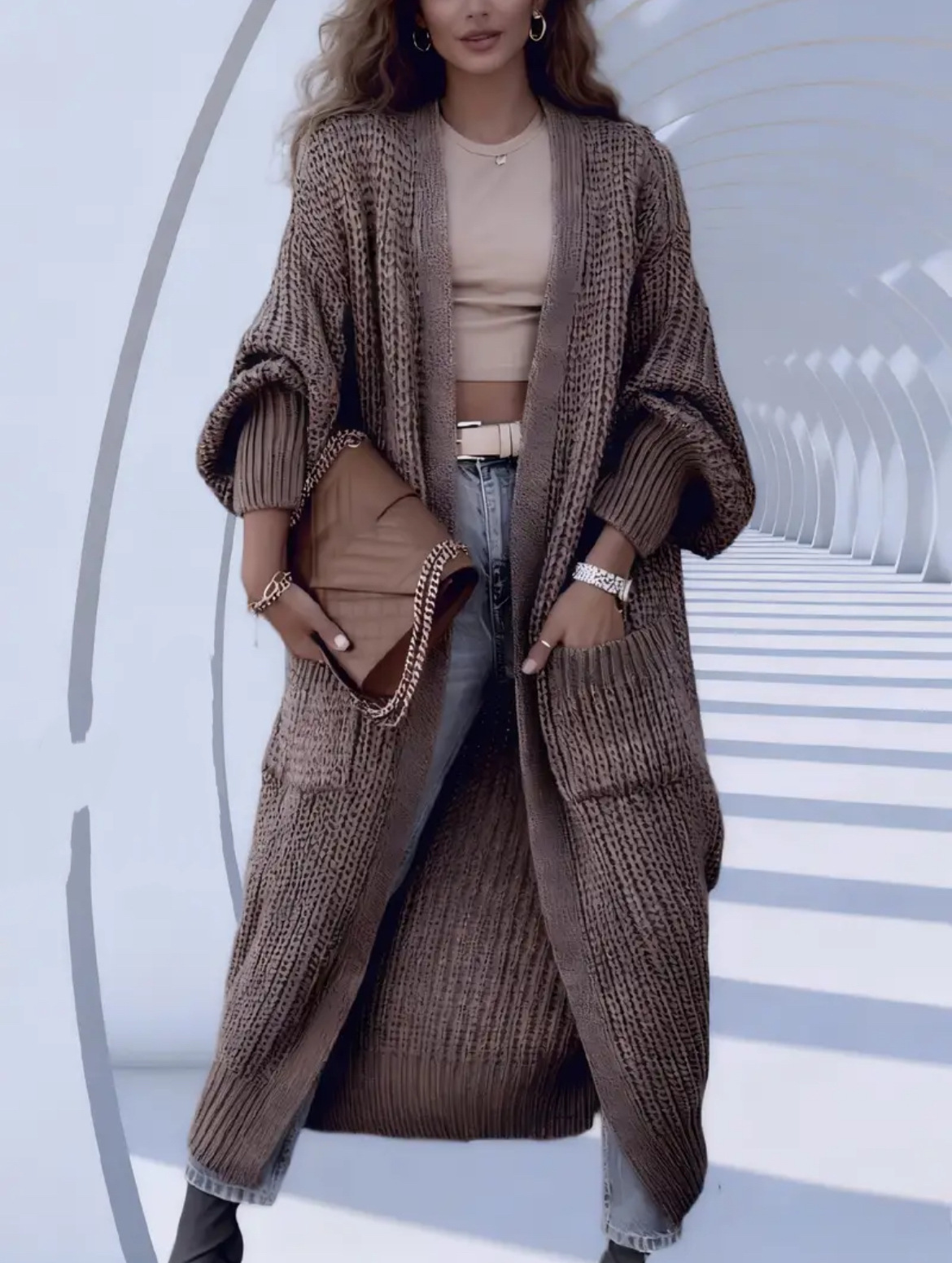 Women's Thick Knit Long Cardigan Sweater Coat Loose V-Neck Long Sleeve Midi
