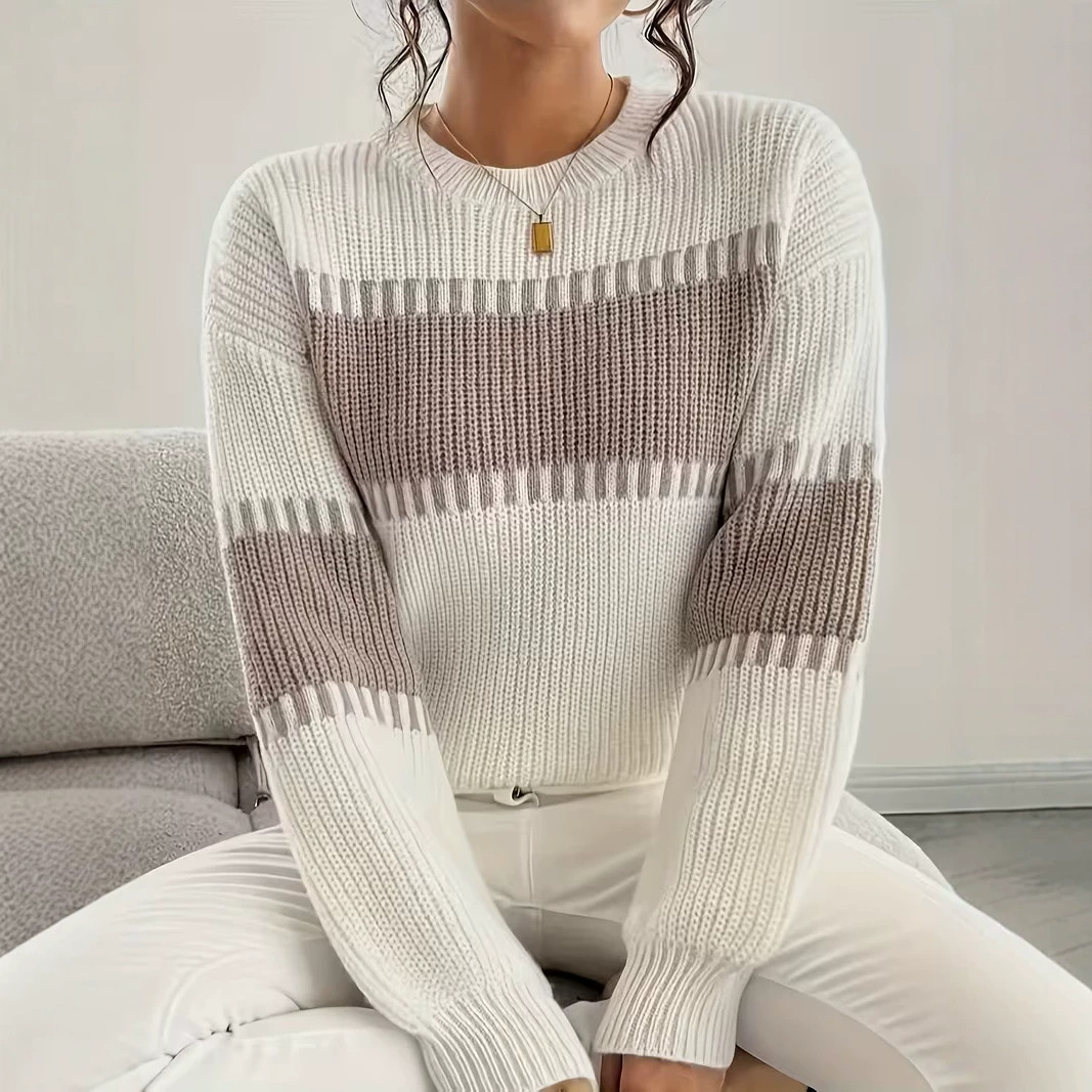 Women's Casual Striped Drop Shoulder Long Sleeve Sweater Colorful Striped Pullover