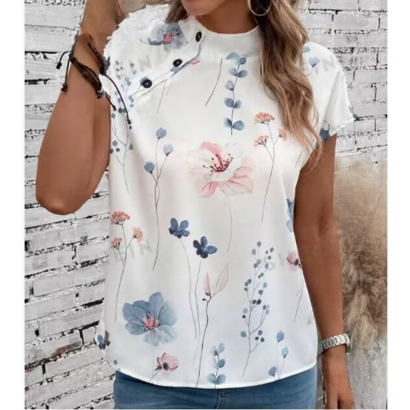 Summer Three-Button Stand-Collar Floral Shirt for Women