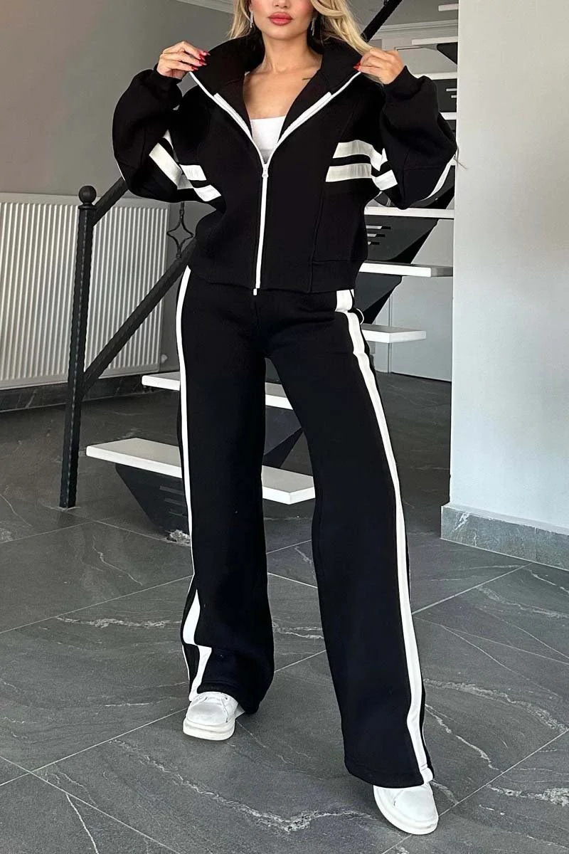Y2K Striped Zip-Up Hoodie and Pants Set Women's Casual Tracksuit
