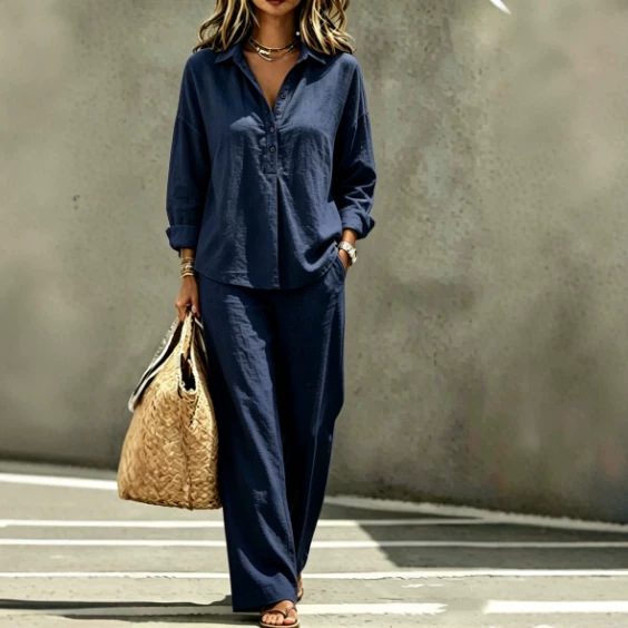 Women's French Casual Half-Button Long-Sleeve Shirt & Wide-Leg Pants Set