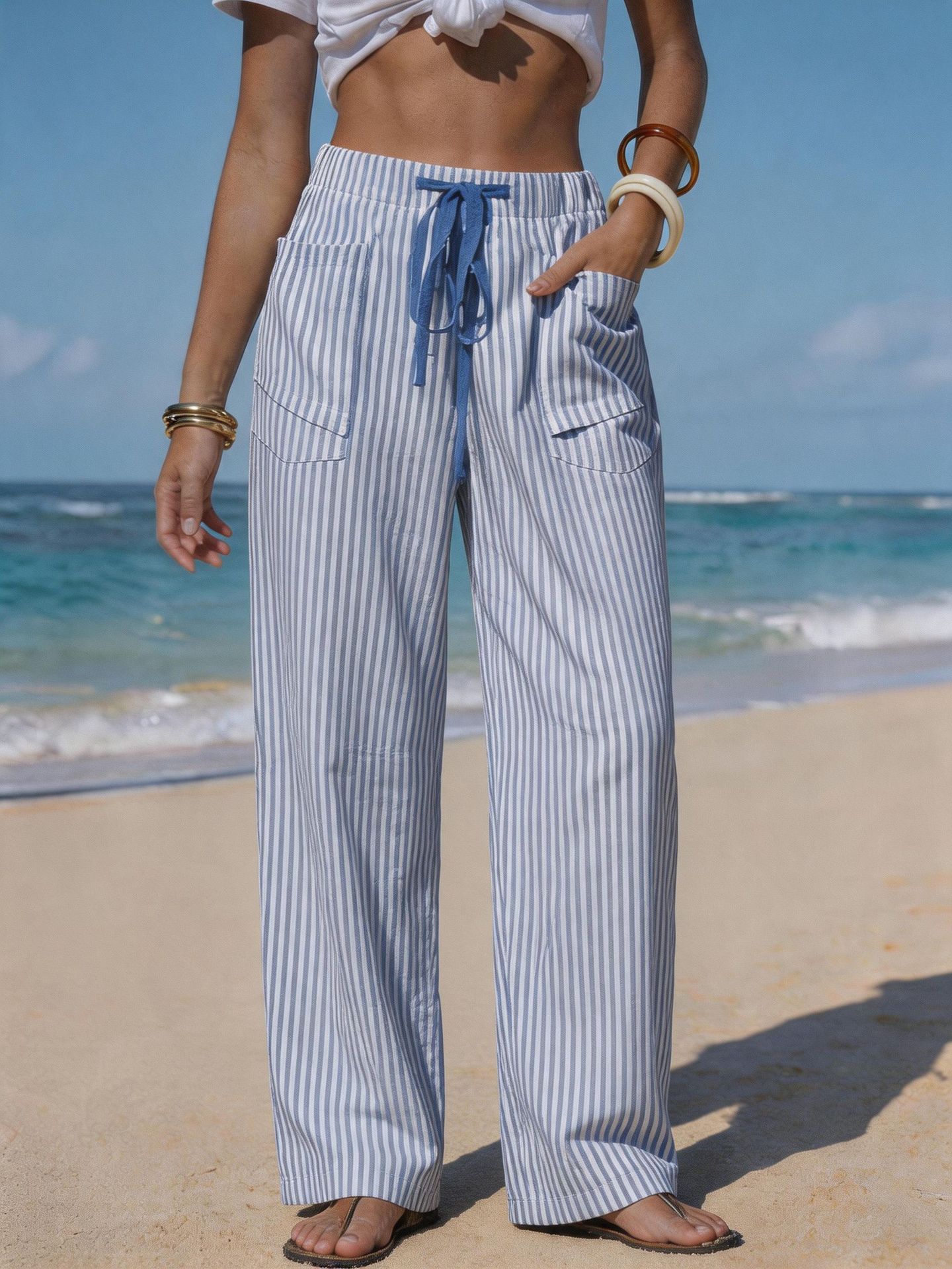Women's Striped Linen-Like Drawstring Pants with Pockets