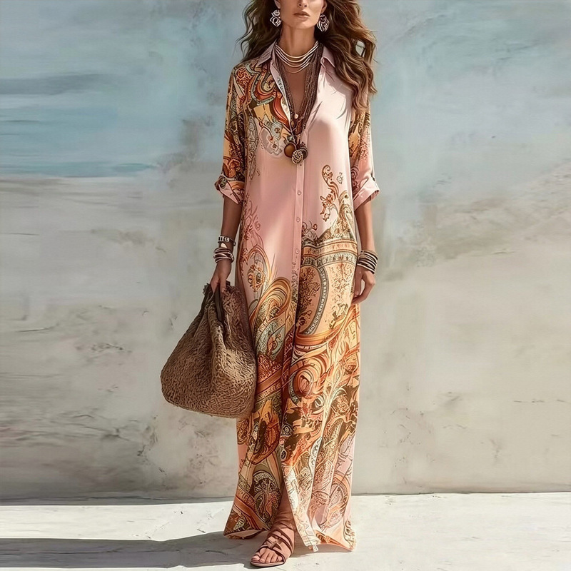 Women's Summer Floral Print Long Sleeve A-Line Maxi Dress