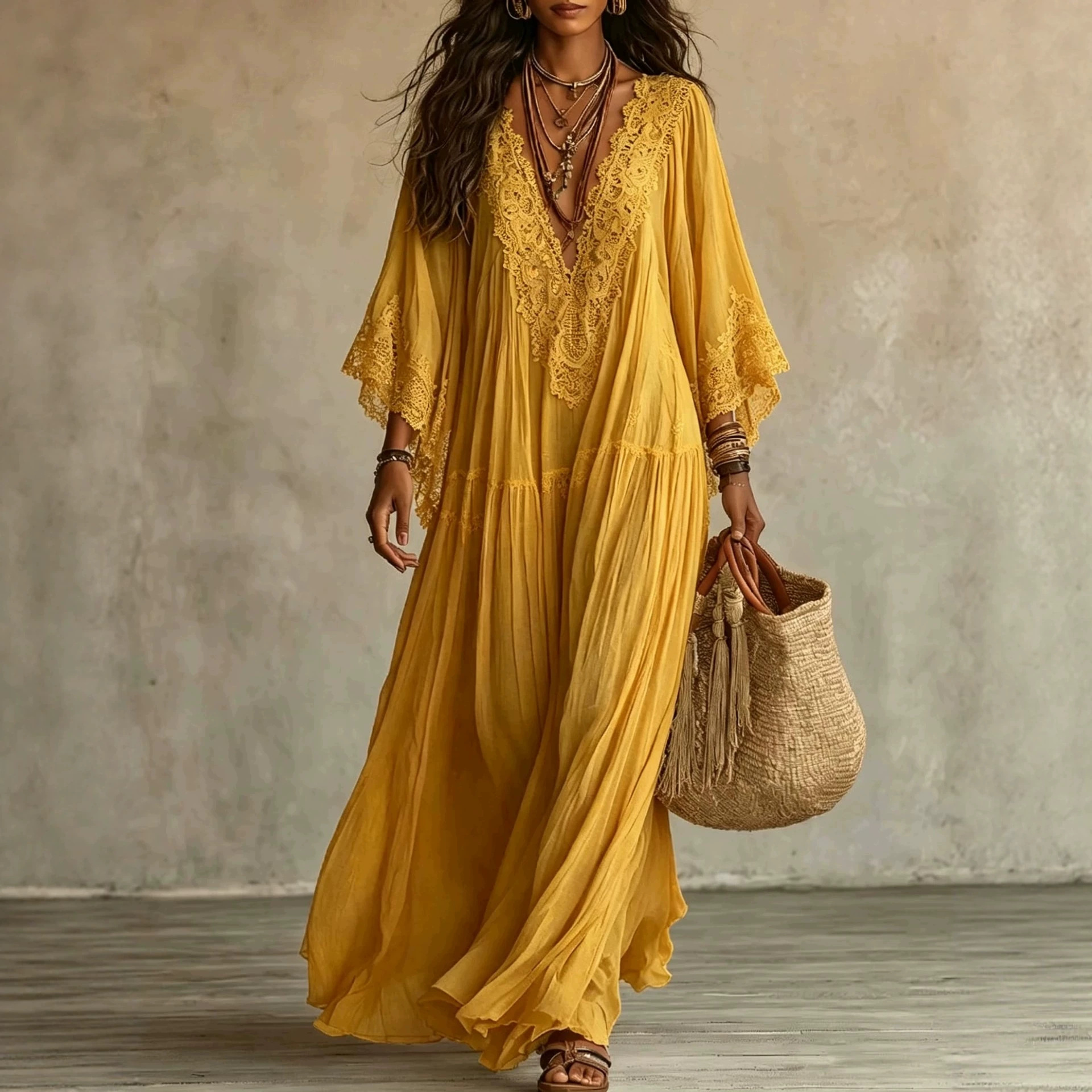 White Lace V-Neck Long Dress with Batwing Sleeves