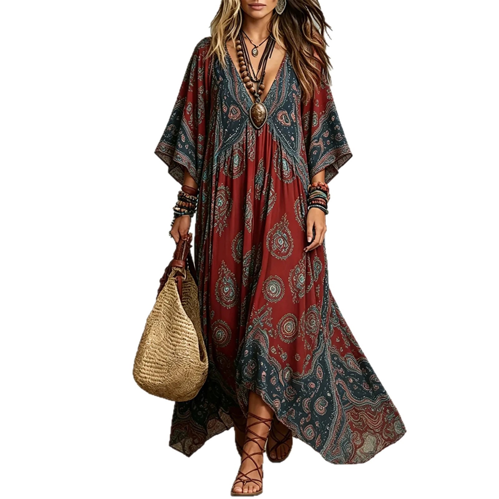 Bohemian Sleeveless V-Neck Printed Maxi Dress Retro Style