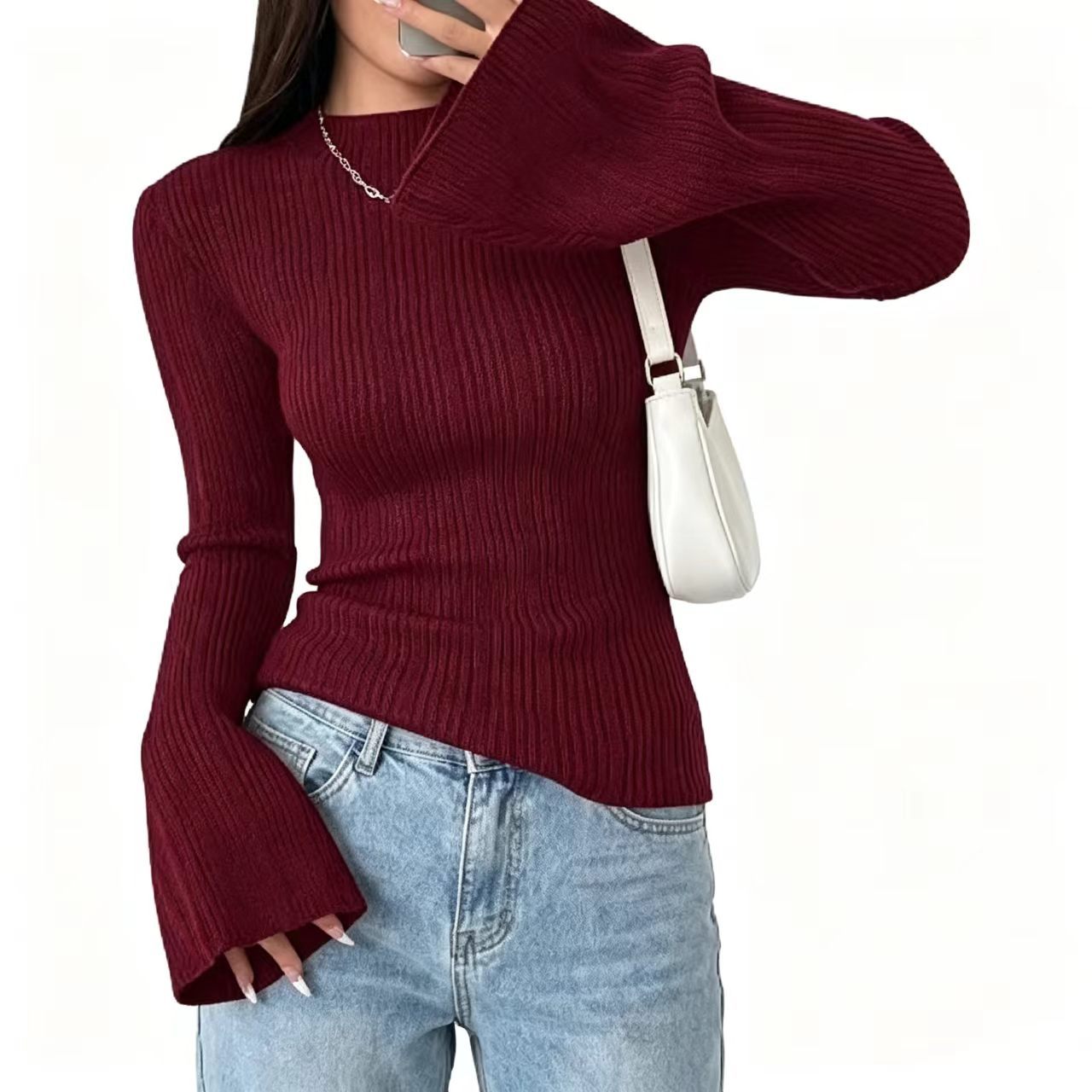 Half Turtleneck Ribbed Flare-Sleeve Knit Top Women Slim Fit Long Sleeve